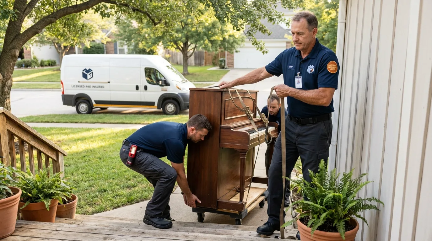 Licensed piano movers securing grand piano in Fayetteville, GA