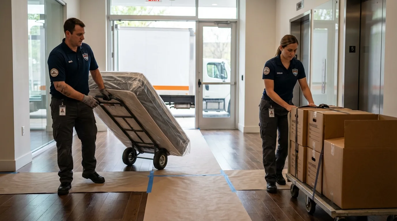 Professional apartment movers loading elevator in Fayetteville, GA
